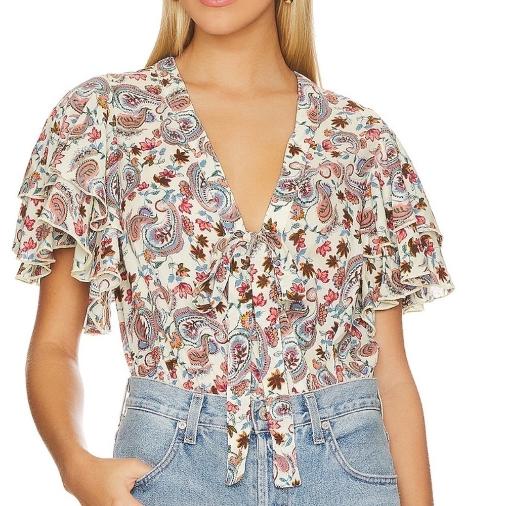 Free People Call me later Flutter Sleeves Bodysuit in sweet combo size Small